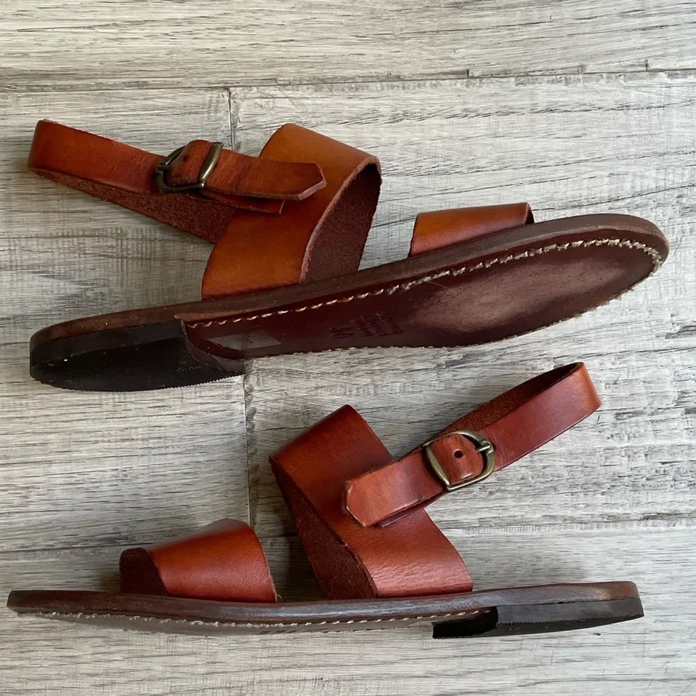 Samuji Leather 2 Strap Sandal W/Heel Strap Adjustable Buckle Closure Brown SZ 6